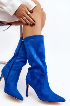Damskie Kozaki Do Połowy Łydki Na Szpilce Niebieskie Odetteia