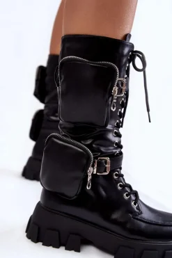 Damskie Kozaki Glany Sznurowane Z Nerkami Czarne Mirrano