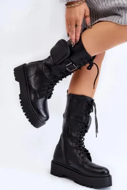 Damskie Kozaki Glany Z Nerką Sznurowane Czarne Lillien