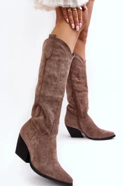 Damskie Kozaki Kowbojki Na Słupku Ciemnobeżowe Sloana