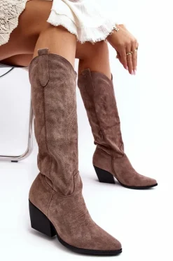 Damskie Kozaki Kowbojki Na Słupku Ciemnobeżowe Sloana