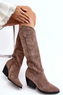 Damskie Kozaki Kowbojki Na Słupku Ciemnobeżowe Sloana