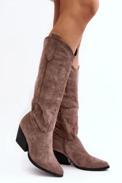 Damskie Kozaki Kowbojki Na Słupku Ciemnobeżowe Sloana