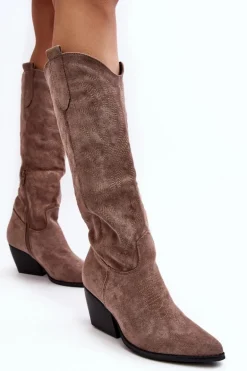 Damskie Kozaki Kowbojki Na Słupku Ciemnobeżowe Sloana