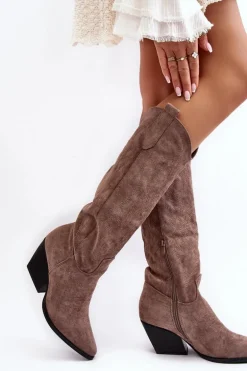 Damskie Kozaki Kowbojki Na Słupku Ciemnobeżowe Sloana