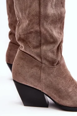 Damskie Kozaki Kowbojki Na Słupku Ciemnobeżowe Sloana