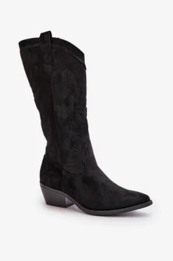 Damskie Kozaki Kowbojki Na Niskim Obcasie Z Eko Zamszu Czarne Ligelia