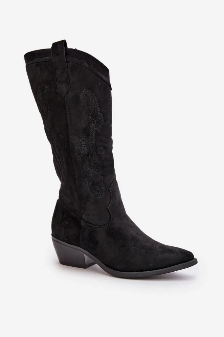 Damskie Kozaki Kowbojki Na Niskim Obcasie Z Eko Zamszu Czarne Ligelia