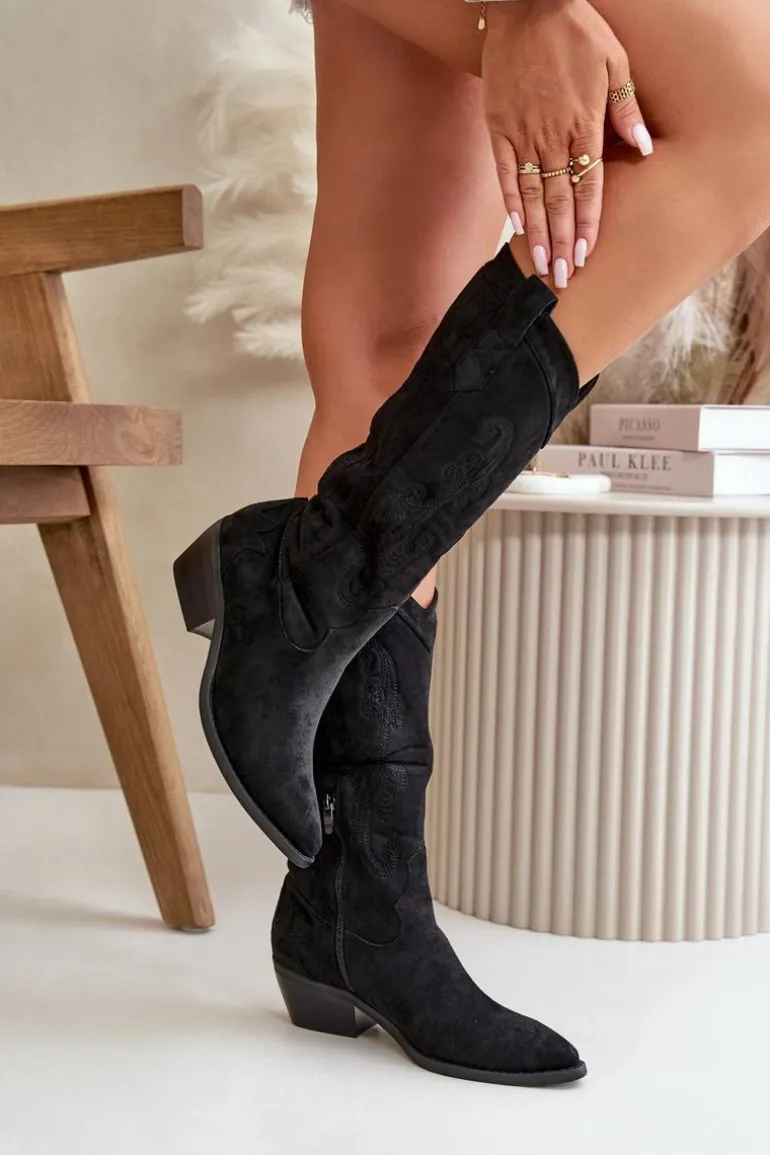 Damskie Kozaki Kowbojki Na Niskim Obcasie Z Eko Zamszu Czarne Ligelia