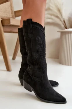 Damskie Kozaki Kowbojki Na Niskim Obcasie Z Eko Zamszu Czarne Ligelia