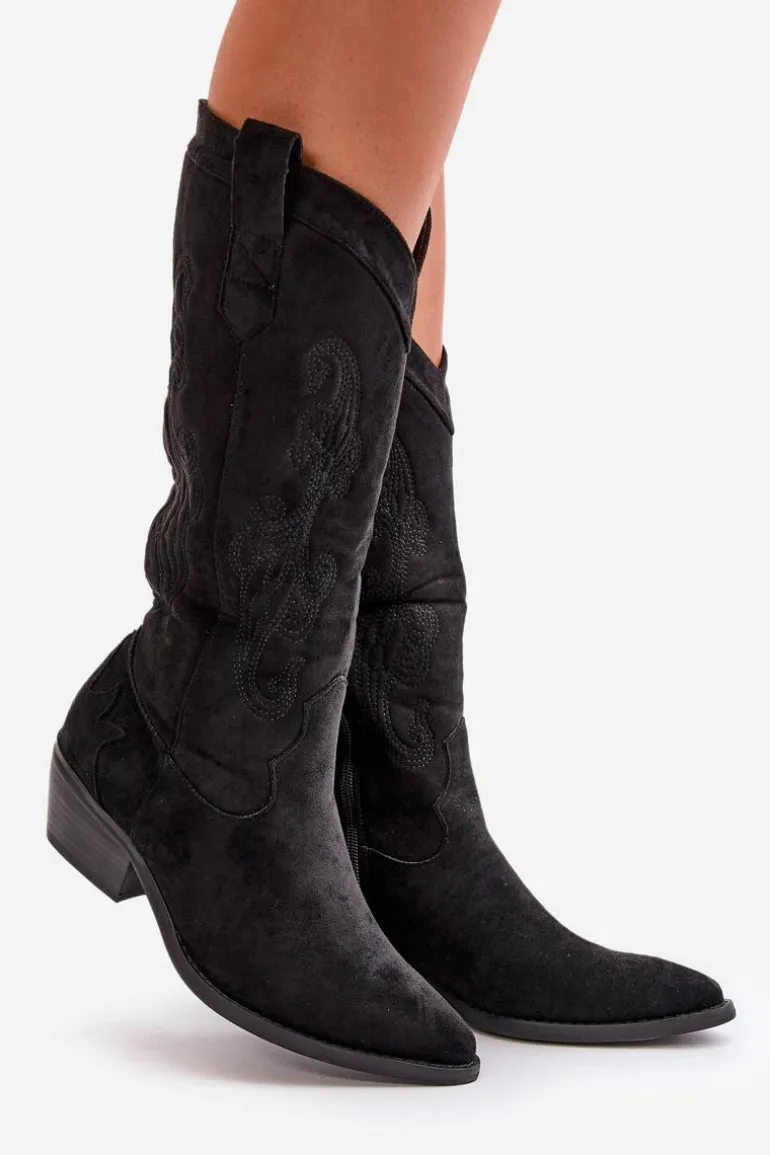 Damskie Kozaki Kowbojki Na Niskim Obcasie Z Eko Zamszu Czarne Ligelia