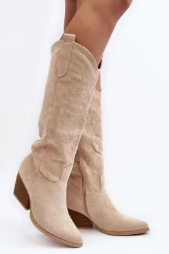 Damskie Kozaki Kowbojki Na Słupku Jasnobeżowe Sloana