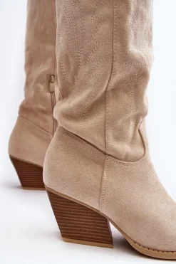 Damskie Kozaki Kowbojki Na Słupku Jasnobeżowe Sloana