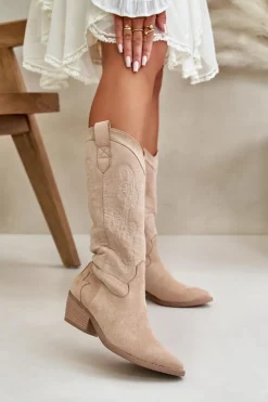 Damskie Kozaki Kowbojki Na Niskim Obcasie Z Eko Zamszu Beżowe Ligelia