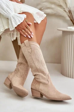 Damskie Kozaki Kowbojki Na Niskim Obcasie Z Eko Zamszu Beżowe Ligelia