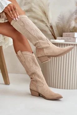 Damskie Kozaki Kowbojki Na Niskim Obcasie Z Eko Zamszu Beżowe Ligelia