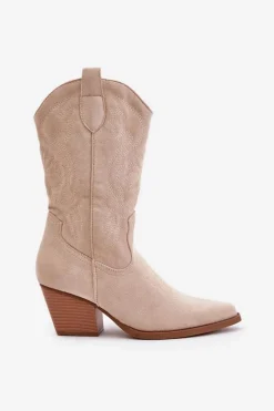 Damskie Kozaki Kowbojki Na Słupku Z Eko Zamszu Jasnobeżowe Wendlis