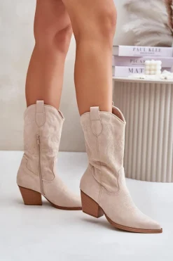 Damskie Kozaki Kowbojki Na Słupku Z Eko Zamszu Jasnobeżowe Wendlis