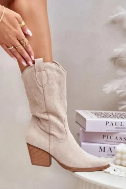 Damskie Kozaki Kowbojki Na Słupku Z Eko Zamszu Jasnobeżowe Wendlis