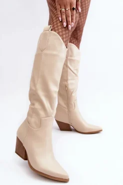 Damskie Kozaki Kowbojki Na Obcasie Jasnobeżowe Kaspella