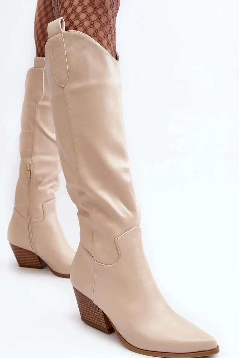 Damskie Kozaki Kowbojki Na Obcasie Jasnobeżowe Kaspella