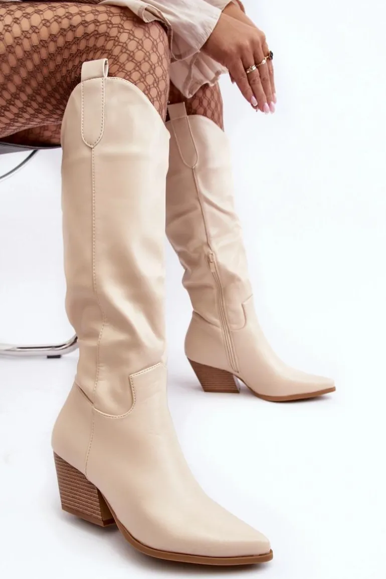 Damskie Kozaki Kowbojki Na Obcasie Jasnobeżowe Kaspella