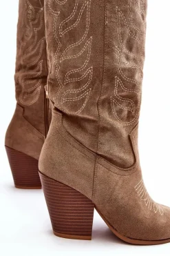 Damskie Kozaki Kowbojki Na Obcasie Beżowe Tomani