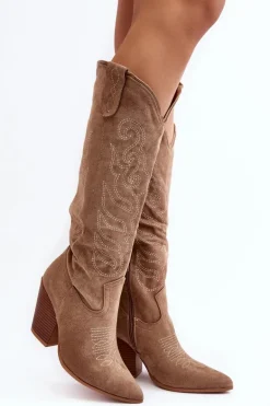 Damskie Kozaki Kowbojki Na Obcasie Beżowe Tomani