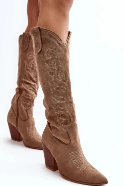 Damskie Kozaki Kowbojki Na Obcasie Beżowe Tomani