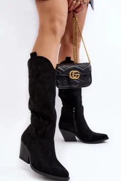 Damskie Kozaki Kowbojki Na Obcasie Przed Kolano Czarne Oppore