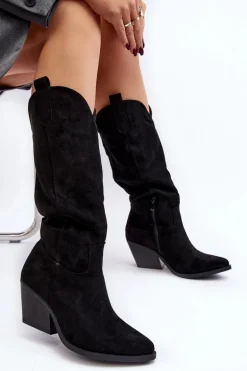 Damskie Kozaki Kowbojki Na Obcasie Przed Kolano Czarne Oppore