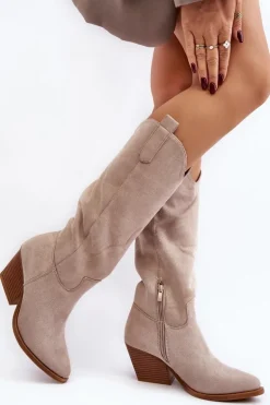 Damskie Kozaki Kowbojki Na Obcasie Przed Kolano Jasnobeżowe Oppore