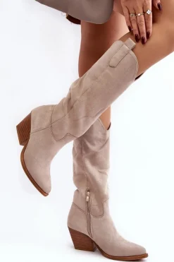 Damskie Kozaki Kowbojki Na Obcasie Przed Kolano Jasnobeżowe Oppore