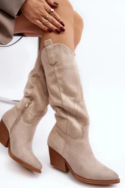 Damskie Kozaki Kowbojki Na Obcasie Przed Kolano Jasnobeżowe Oppore