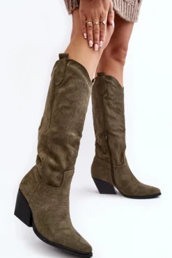 Damskie Kozaki Kowbojki Na Słupku Zielone Sloana