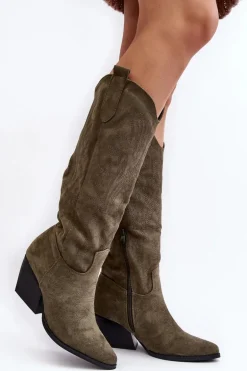 Damskie Kozaki Kowbojki Na Słupku Zielone Sloana
