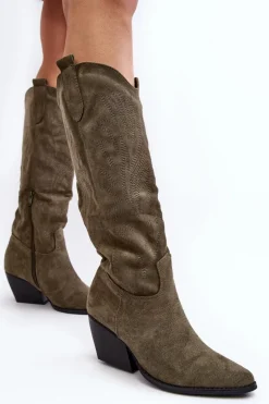 Damskie Kozaki Kowbojki Na Słupku Zielone Sloana