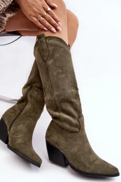 Damskie Kozaki Kowbojki Na Słupku Zielone Sloana