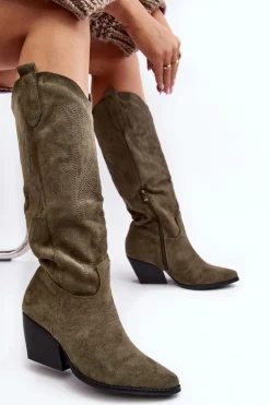 Damskie Kozaki Kowbojki Na Słupku Zielone Sloana