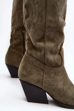 Damskie Kozaki Kowbojki Na Słupku Zielone Sloana