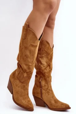 Damskie Kozaki Kowbojki Na Obcasie Przed Kolano Camel Oppore
