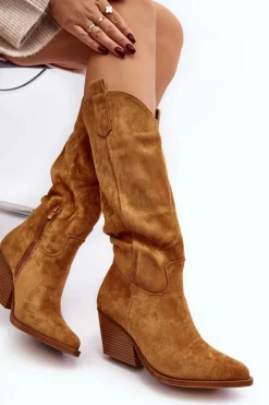Damskie Kozaki Kowbojki Na Obcasie Przed Kolano Camel Oppore
