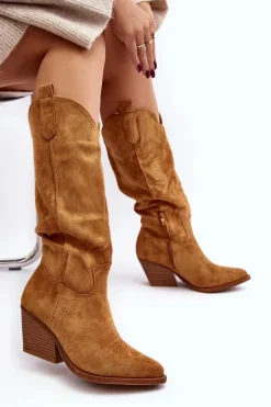 Damskie Kozaki Kowbojki Na Obcasie Przed Kolano Camel Oppore