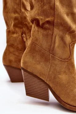 Damskie Kozaki Kowbojki Na Obcasie Przed Kolano Camel Oppore