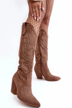 Damskie Kozaki Kowbojki Na Obcasie Ciemnobeżowe Tomani