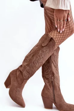 Damskie Kozaki Kowbojki Na Obcasie Ciemnobeżowe Tomani