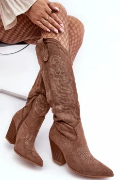 Damskie Kozaki Kowbojki Na Obcasie Ciemnobeżowe Tomani