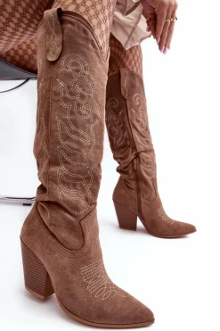 Damskie Kozaki Kowbojki Na Obcasie Ciemnobeżowe Tomani