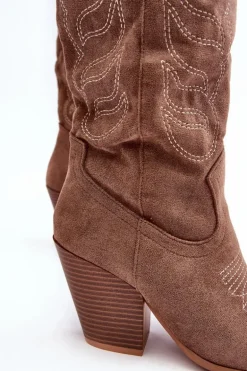 Damskie Kozaki Kowbojki Na Obcasie Ciemnobeżowe Tomani