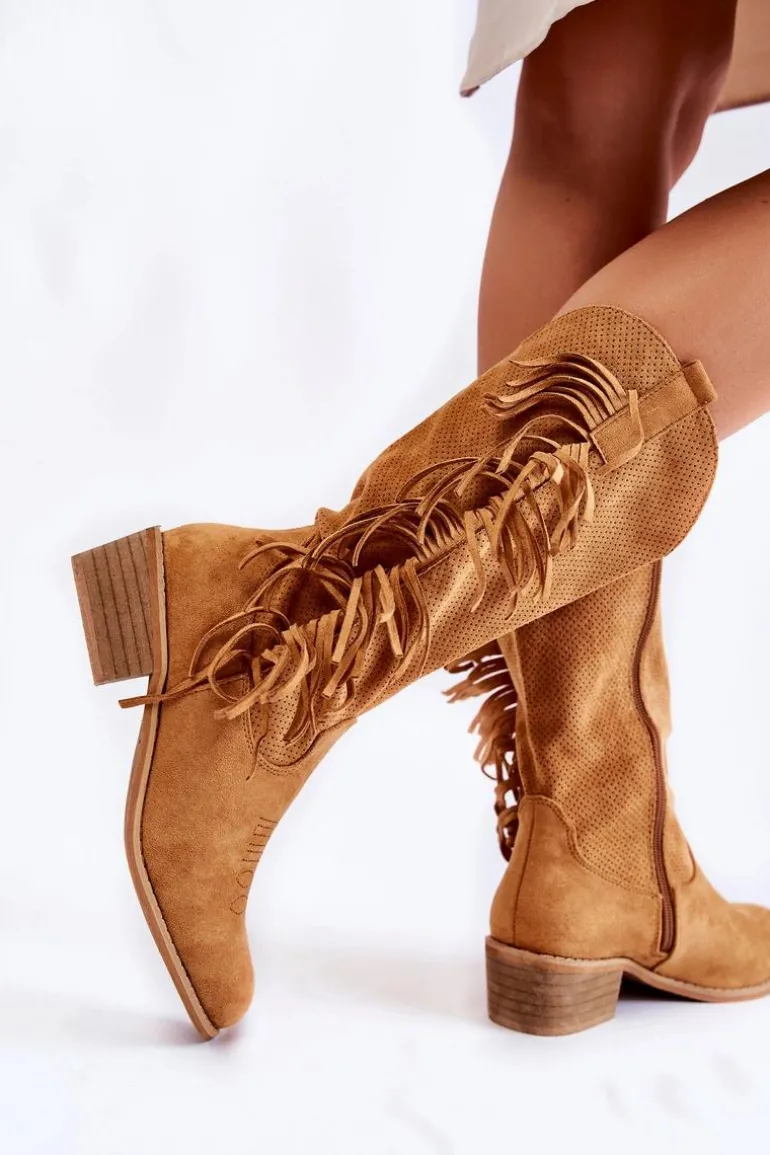 Damskie Kozaki Kowbojki Zamszowe Z Frędzlami Camel Haddy